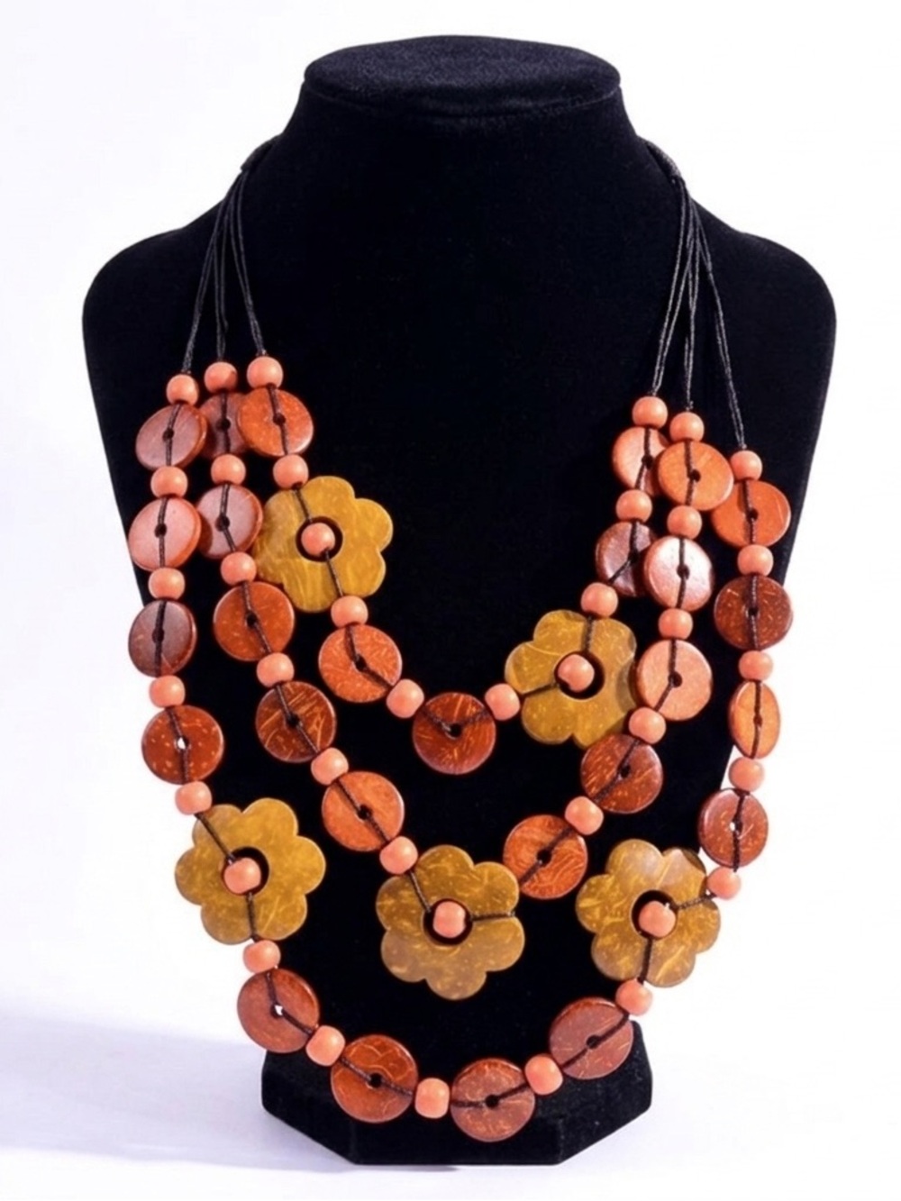 New Artisan Autumn Brown& Orange Wooden Bead Floral Decor Statement Necklace